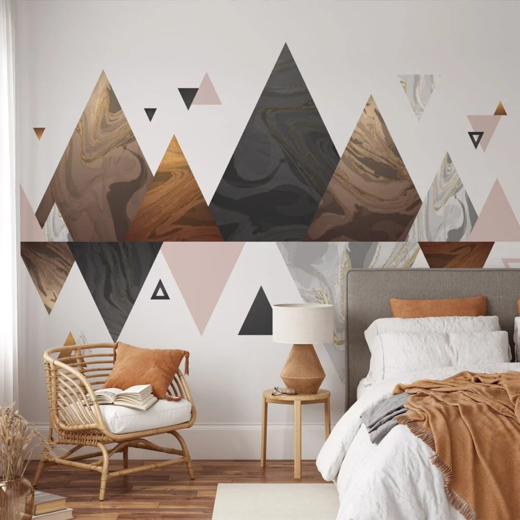 Neutral Colored Geometric Wallpaper With Abstract Mountains, Modern Gold and Black Triangle Peel & Stick Wall Mural