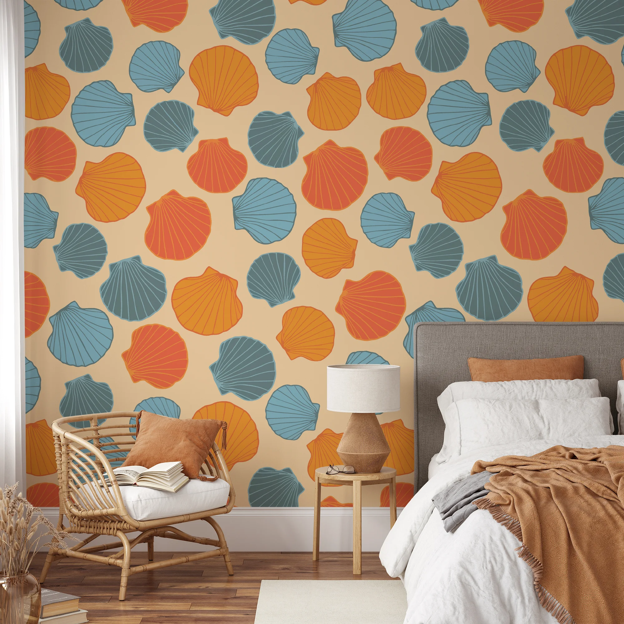 Retro Colored Sea Shells Pattern Wallpaper, Seaside Serenity Peel & Stick Wall Mural
