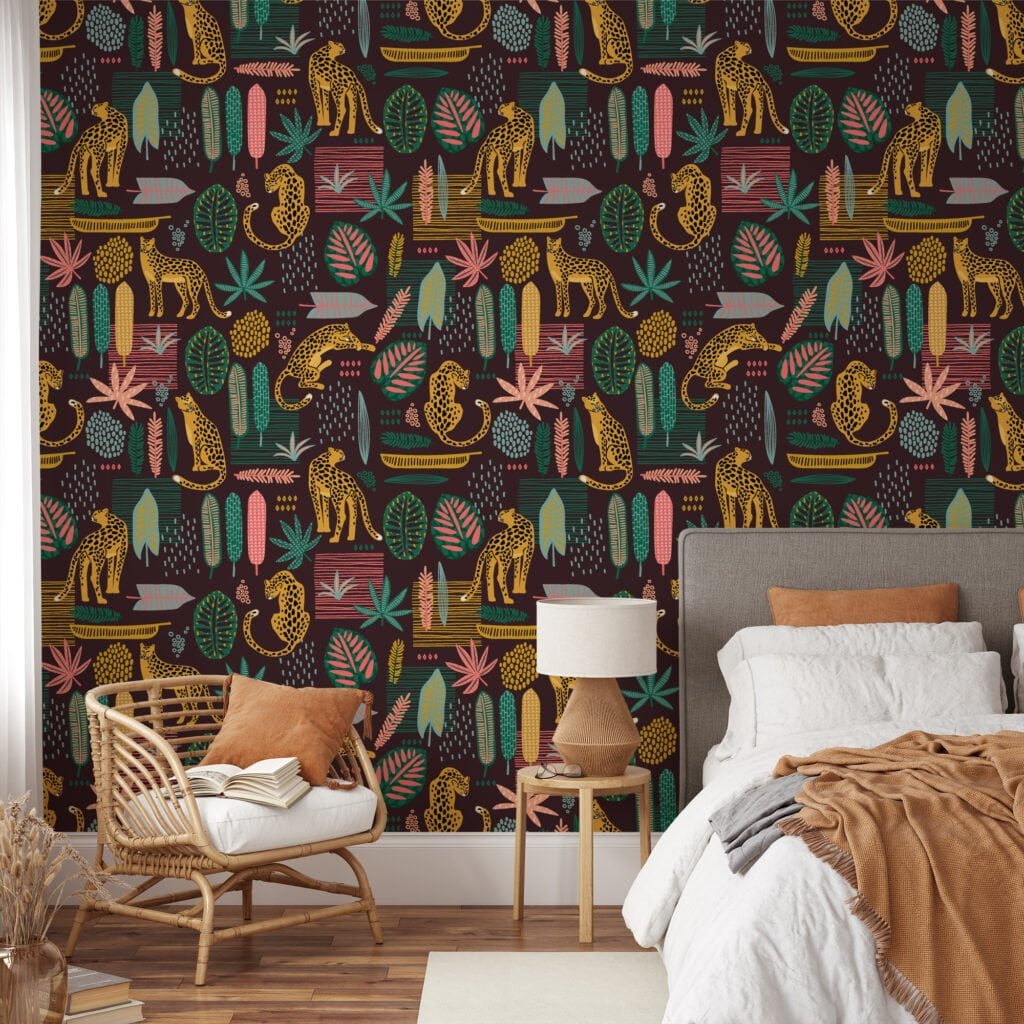 Leopards And Tropical Leaves Flat Art Design Wallpaper, Exotic Jungle Leopards Peel & Stick Wall Mural