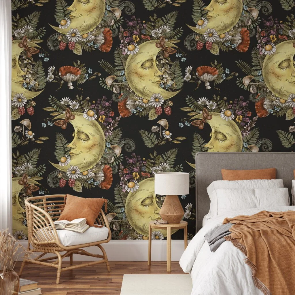 Mystical Floral Moon With Face On A Dark Background Illustration Wallpaper, Celestial Forest Peel & Stick Wall Mural