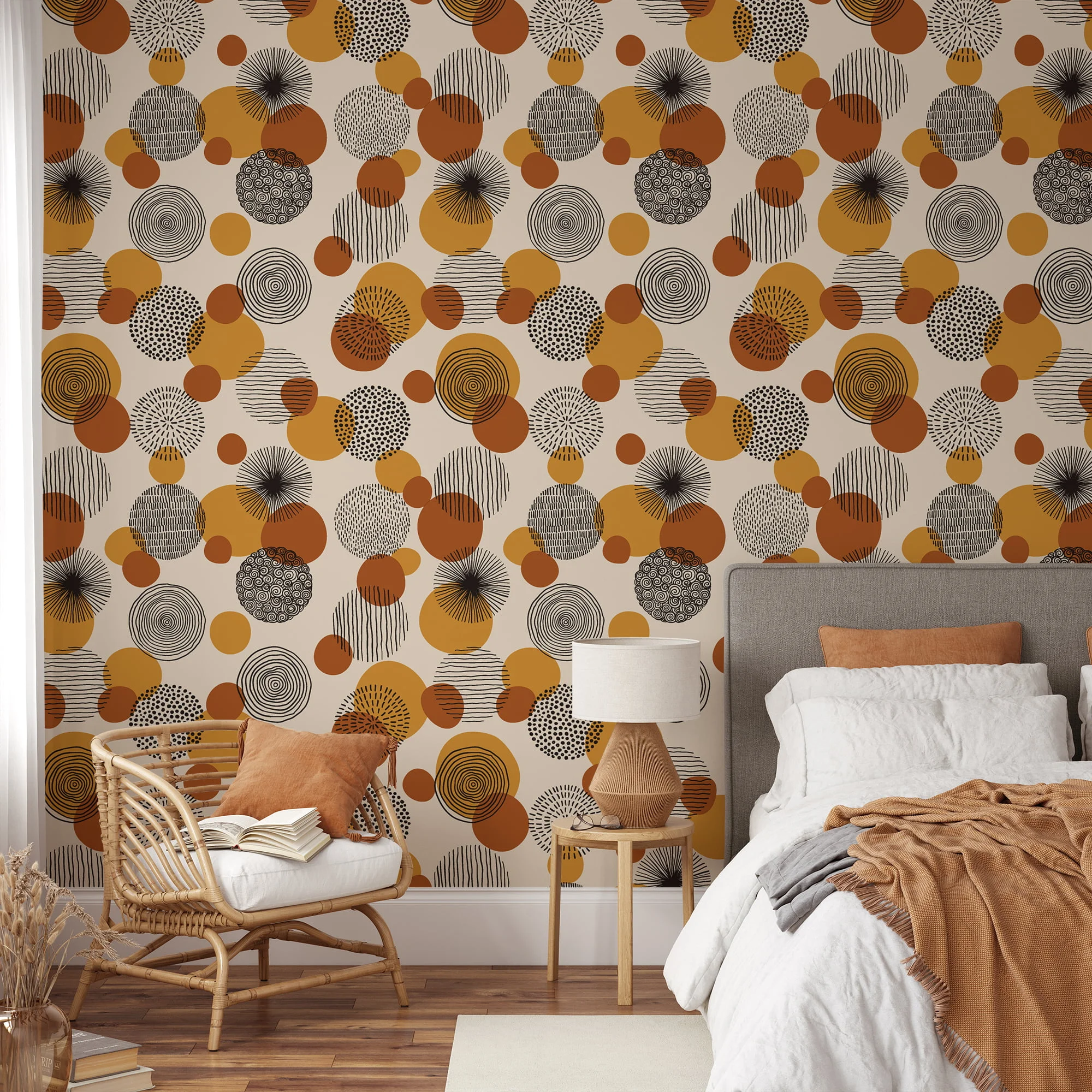 70s Style Circle Patterns Illustration Wallpaper, Retro-Inspired Abstract Dots Peel & Stick Wall Mural
