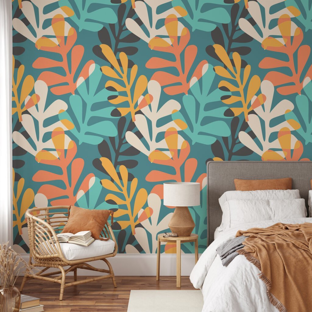 Abstract Large Tropical Leaves Flat Art Design Wallpaper, Contemporary Nature Design Peel & Stick Wall Mural