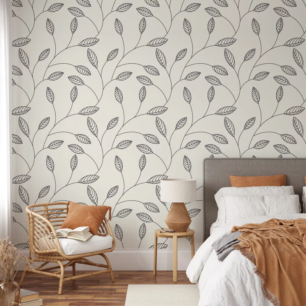 Simple Abstract Leaves Line Art Wallpaper, Minimalist Leaf Art Peel & Stick Wall Mural