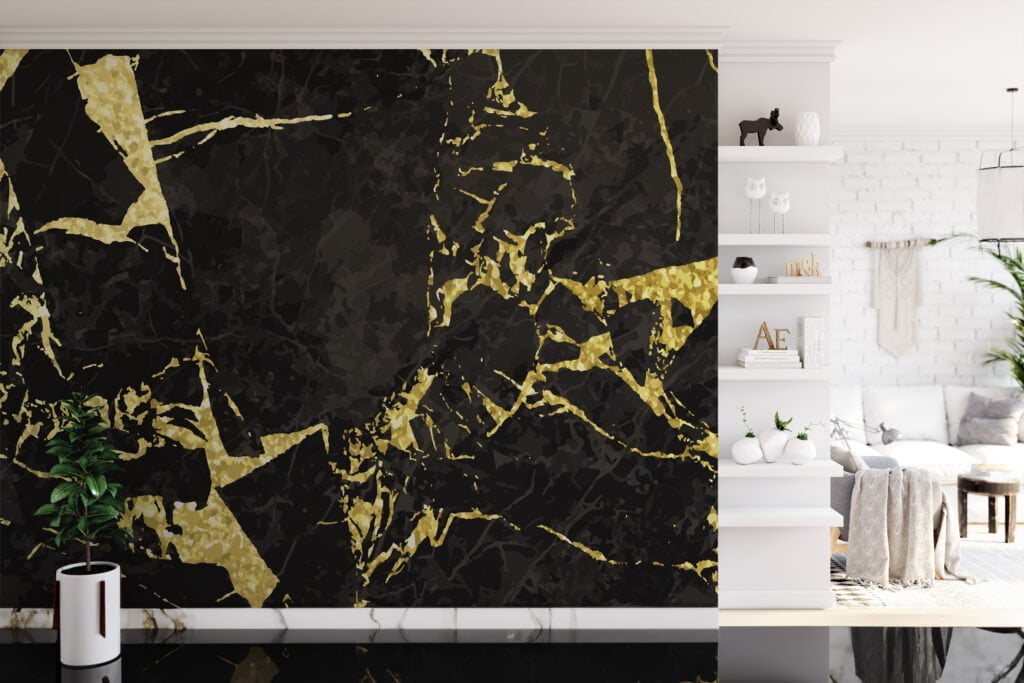 Black And Gold Illustration Wallpaper, Luxurious Black Marble Peel & Stick Wall Mural
