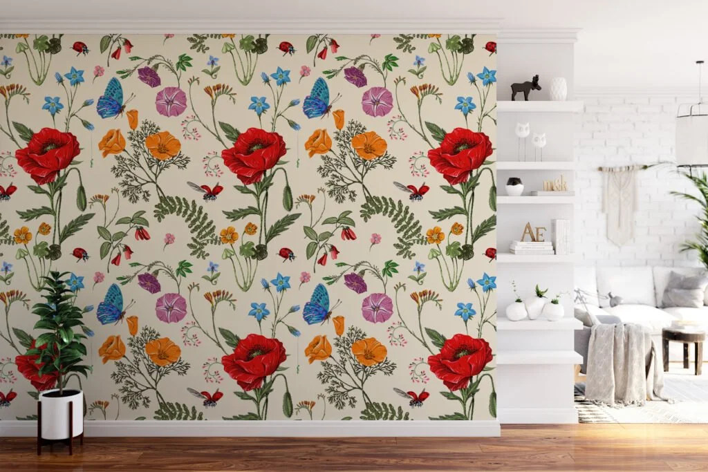 Floral Illustration With Bugs Wallpaper, Vintage Garden Symphony Peel & Stick Wall Mural