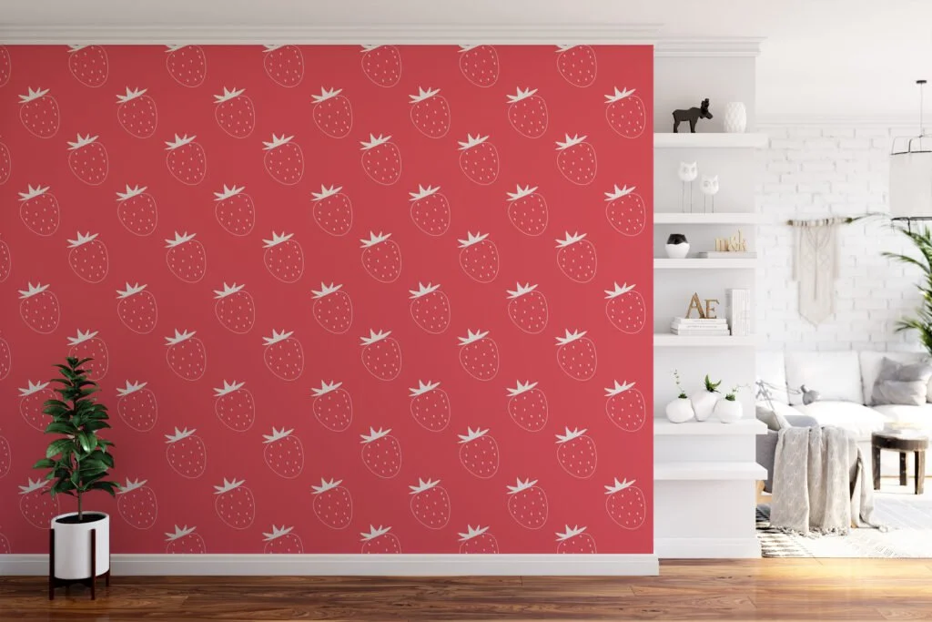 Simple Strawberries Pattern Illustration Wallpaper, Delightful Hot Pink Fruit Peel & Stick Wall Mural