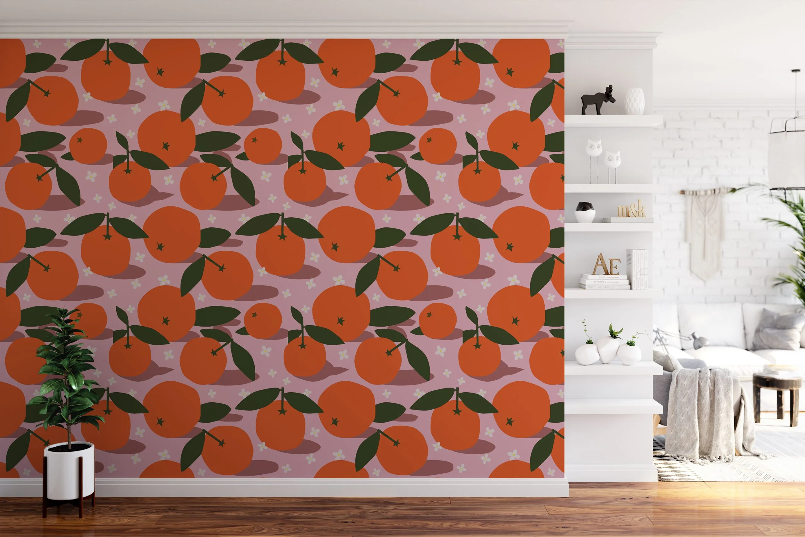 Flat Art Oranges Pattern Illustration Wallpaper, Cheerful Citrus Orchard Peel & Stick Wall Mural