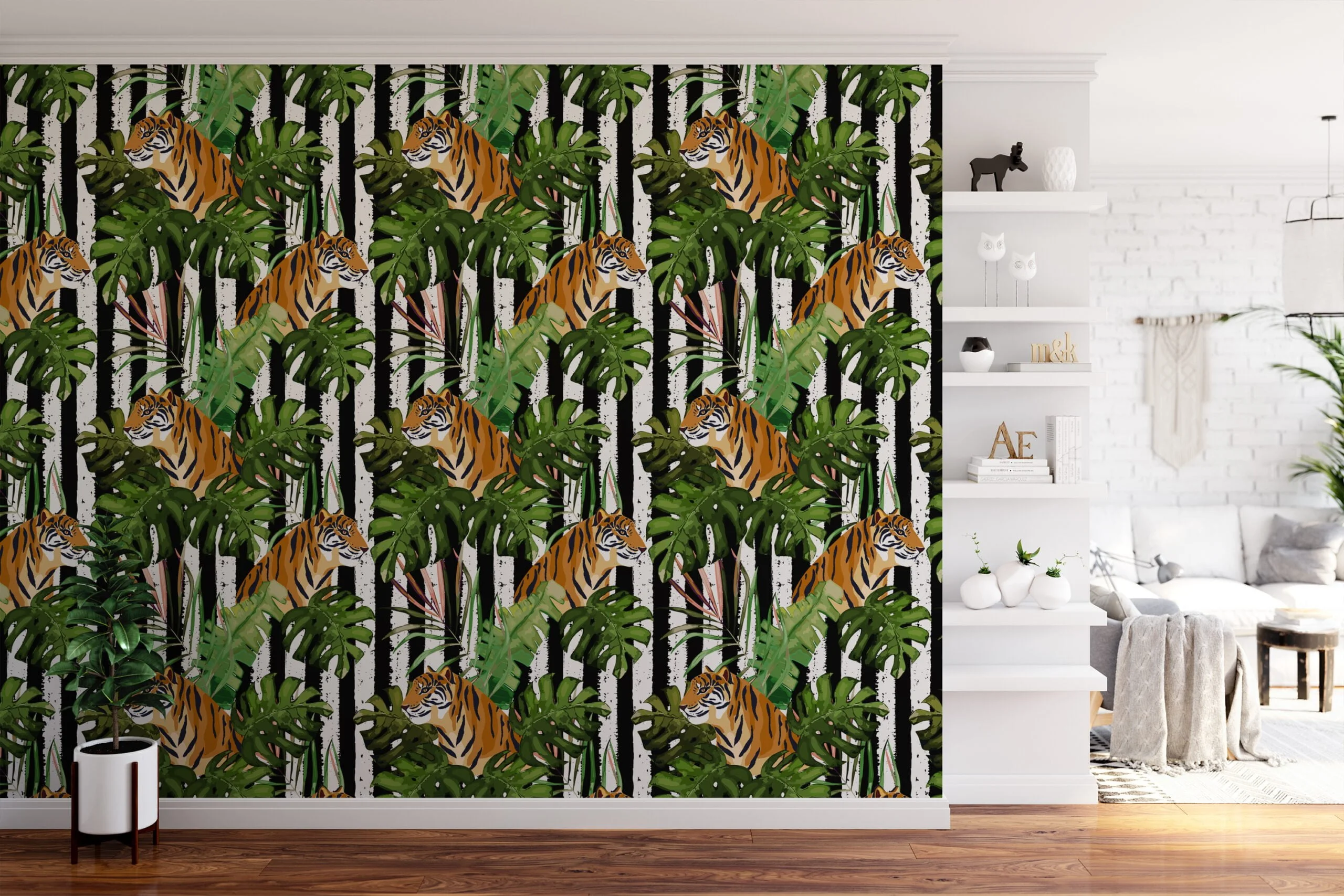 Tiger Illustration With Tropical Monstera Leaves Wallpaper, Majestic Tiger in Jungle Peel & Stick Wall Mural
