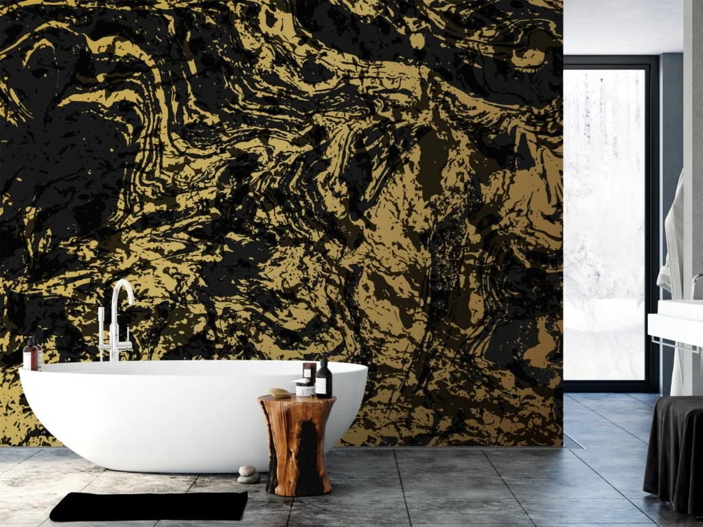 Abstract Gold And Black Marble Swirls Illustration Wallpaper, Striking Marble Effect Peel & Stick Wall Mural