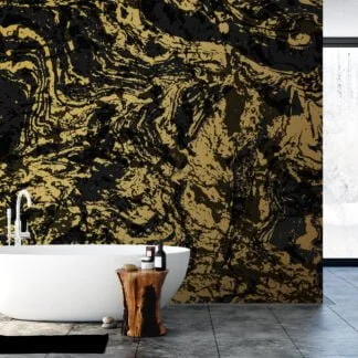 Abstract Gold And Black Marble Swirls Illustration Wallpaper, Striking Marble Effect Peel & Stick Wall Mural