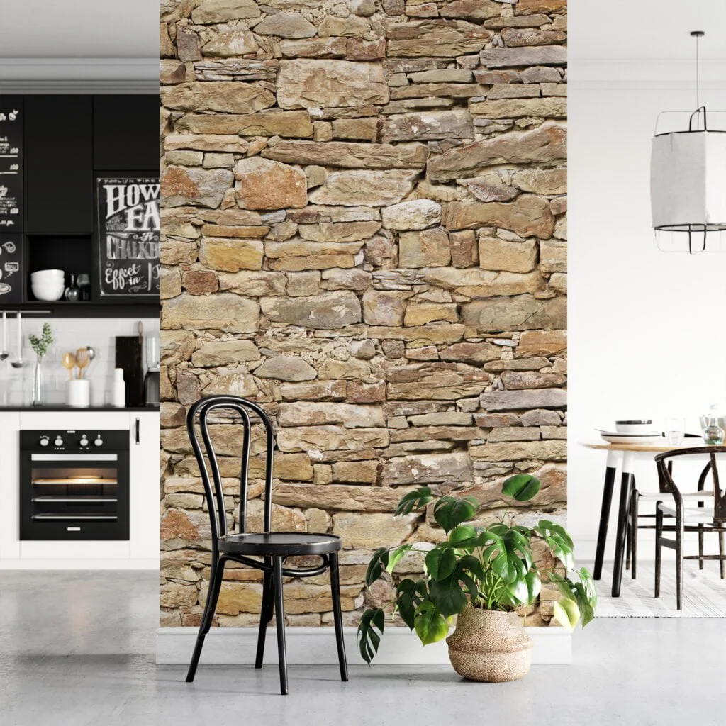 Rock Wall Of Bricks Wallpaper, Authentic Stone Wall Effect Peel & Stick Wall Mural