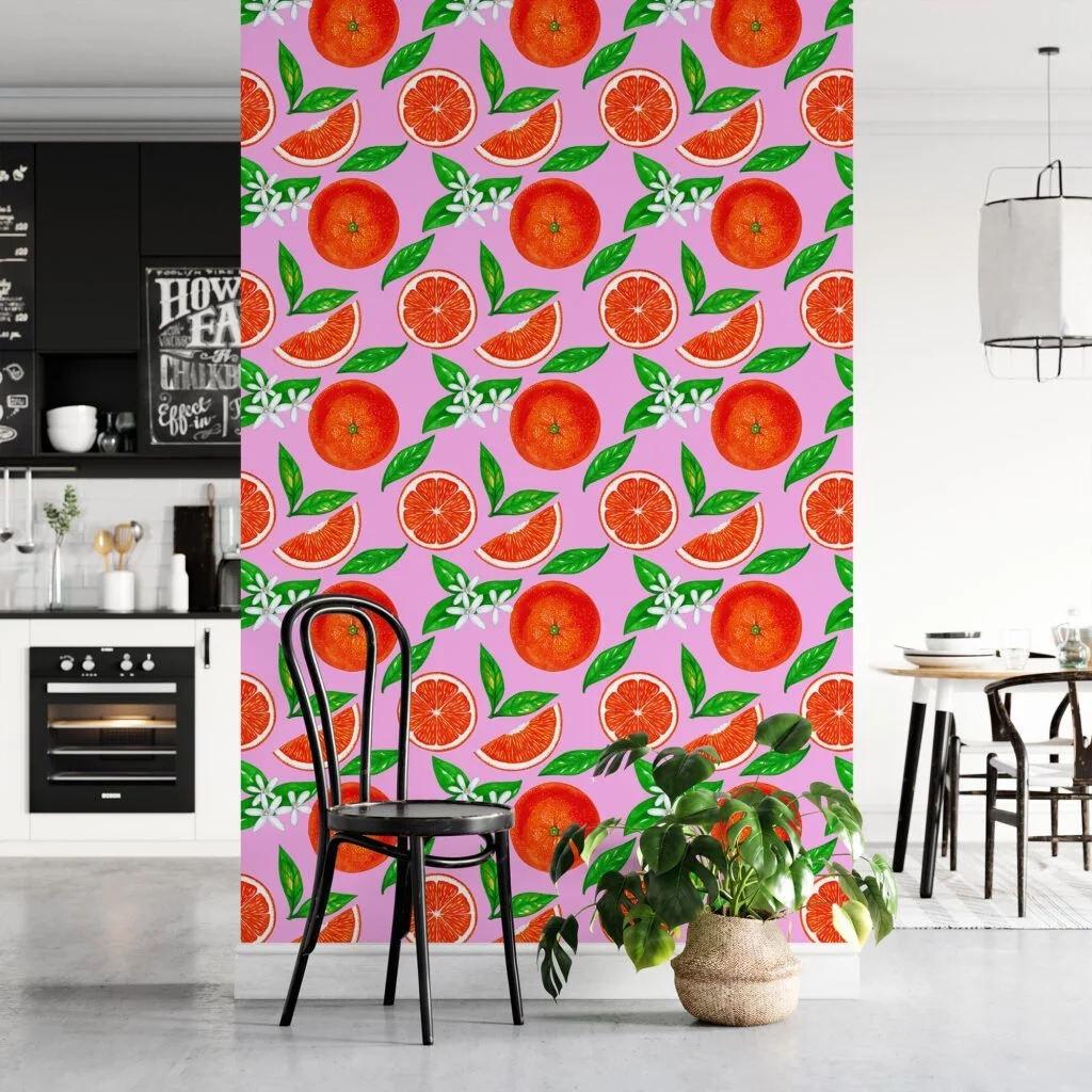 Bright Colored Oranges Drawing With Pink Background Wallpaper, Blooming Orange Citrus Peel & Stick Wall Mural