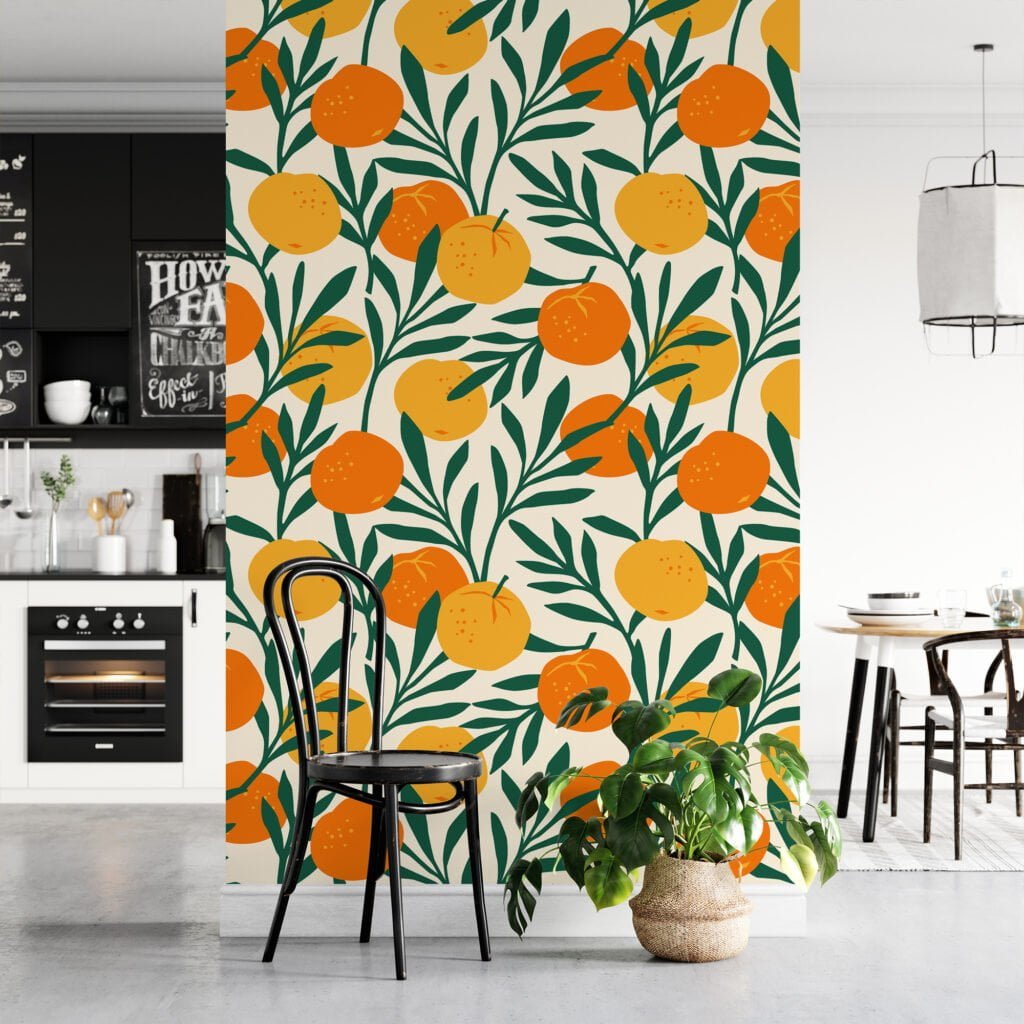 Flat Art Oranges Pattern Illustration Wallpaper, Lively Green Leaves with Citrus Peel & Stick Wall Mural