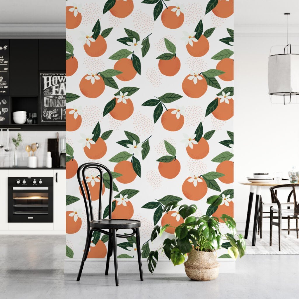 Flat Art Oranges Illustration Wallpaper, Bright Orange and Lush Green Peel & Stick Wall Mural