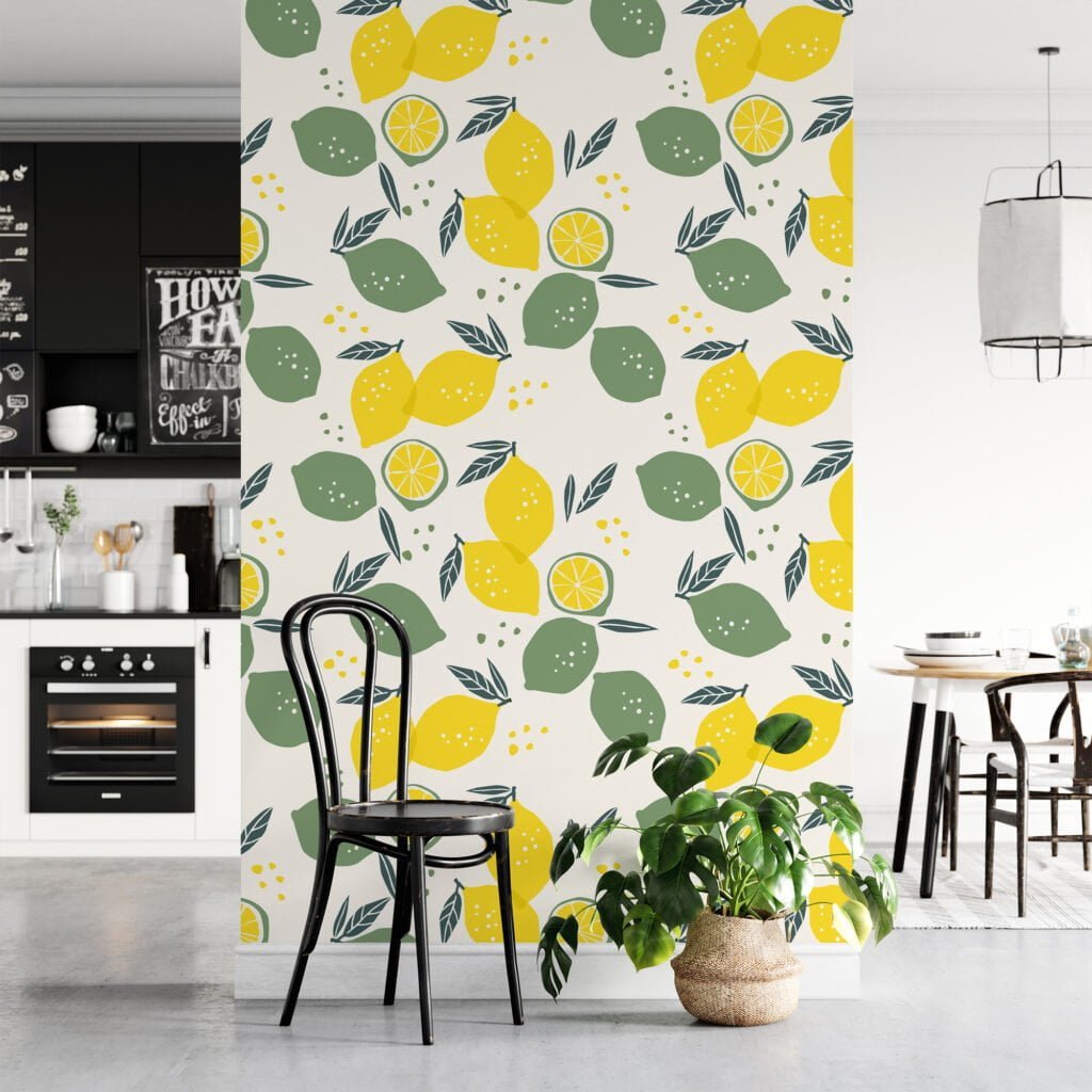 Lemon And Leaves Illustration Wallpaper, Zesty Lemon Grove Peel & Stick Wall Mural