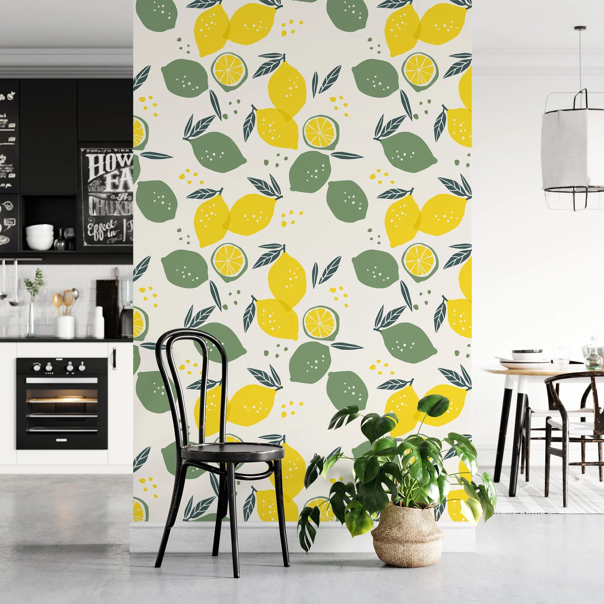 Lemon And Leaves Illustration Wallpaper, Zesty Lemon Grove Peel & Stick Wall Mural