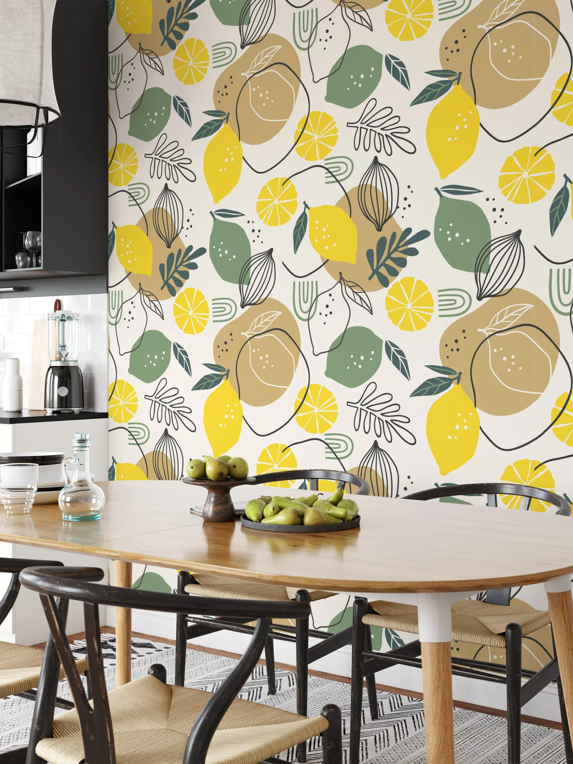 Lemon And Leaves With Line Art Illustration Wallpaper, Citrus And Lime Design Peel & Stick Wall Mural