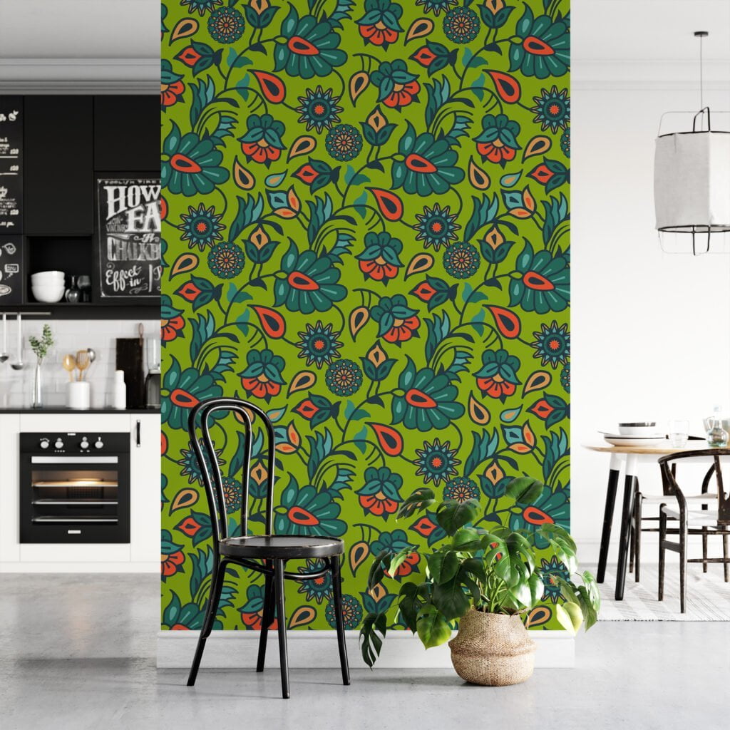 Green Flat Art Floral Wallpaper, Vibrant Retro Garden Peel & Stick Wall Mural