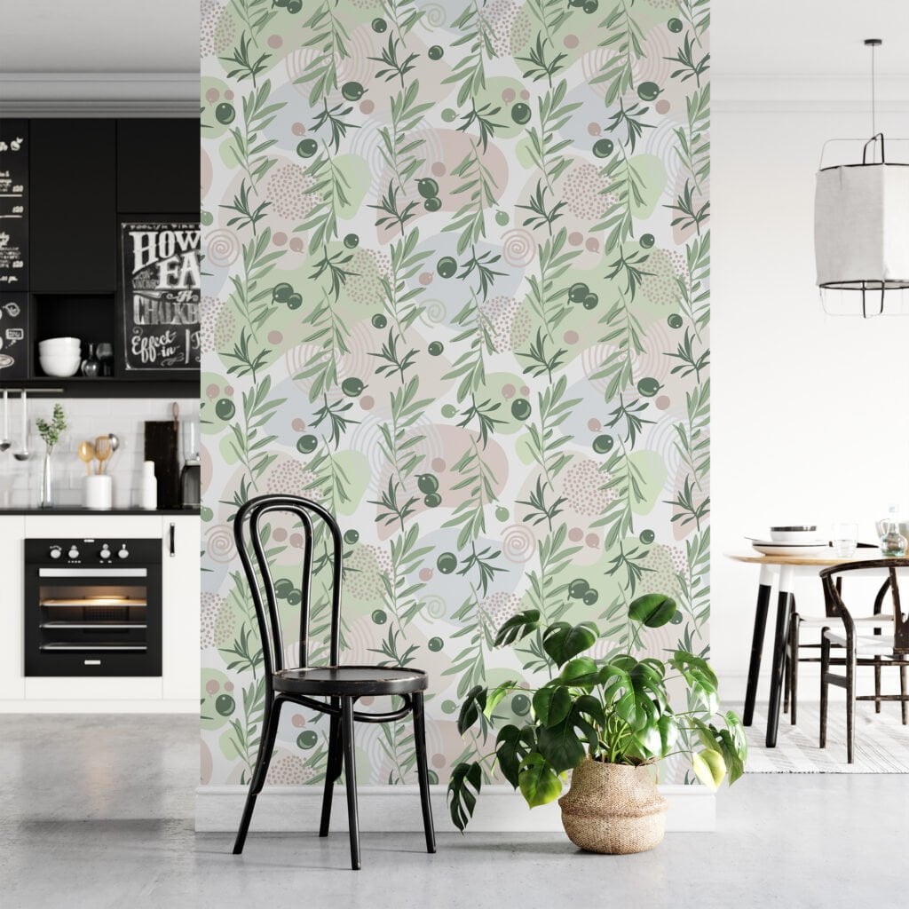 Flat Art Green Olive Branches Design Wallpaper, Soft Olive Garden Peel & Stick Wall Mural