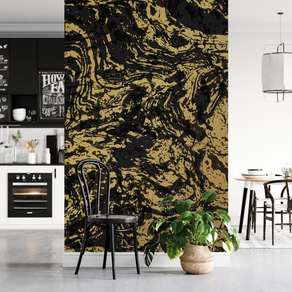 Black And Gold Abstract Design Illustration Wallpaper, Marble Swirl Peel & Stick Wall Mural