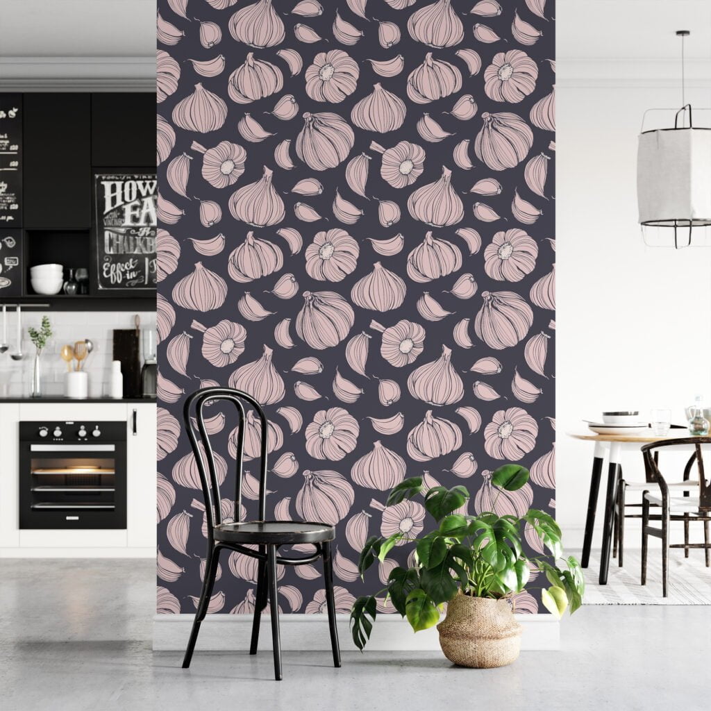 Garlic Vegetable Illustration Pattern Wallpaper, Modern Kitchen Chic Peel & Stick Wall Mural