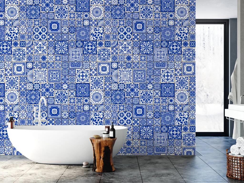 Blue And White Traditional Mosaic Style Pattern Illustration Wallpaper, Timeless Vintage Peel & Stick Wall Mural