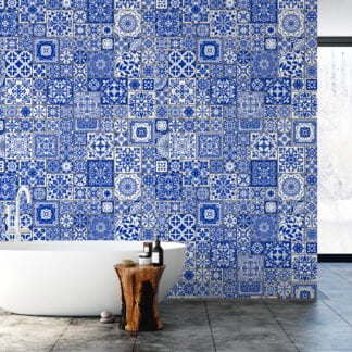 Blue And White Traditional Mosaic Style Pattern Illustration Wallpaper, Timeless Vintage Peel & Stick Wall Mural