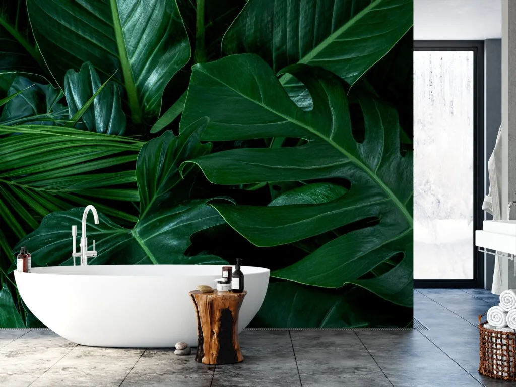 Large Dark Tropical Monstera Leaves Wallpaper, Green Verdant Monstera Peel & Stick Wall Mural