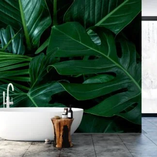 Large Dark Tropical Monstera Leaves Wallpaper, Green Verdant Monstera Peel & Stick Wall Mural
