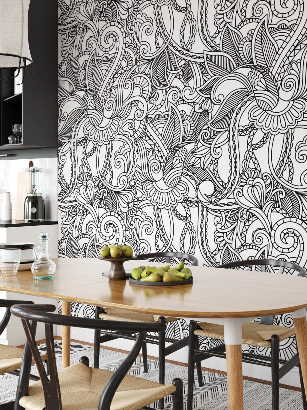 Paisley Black Line Art Wallpaper, Monochrome Chic Peel & Stick Wall Mural