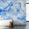 Abstract Blue Ink Swirls Illustration Wallpaper, Unique Suminagashi Inspired Peel & Stick Wall Mural