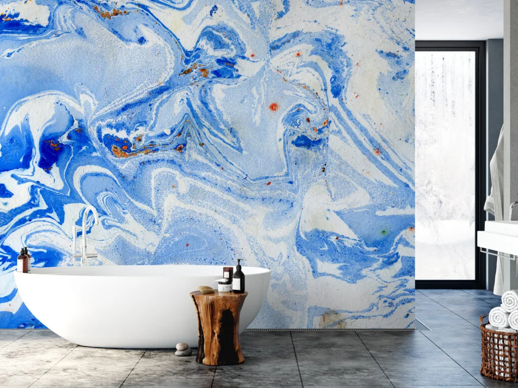 Abstract Blue Ink Swirls Illustration Wallpaper, Unique Suminagashi Inspired Peel & Stick Wall Mural