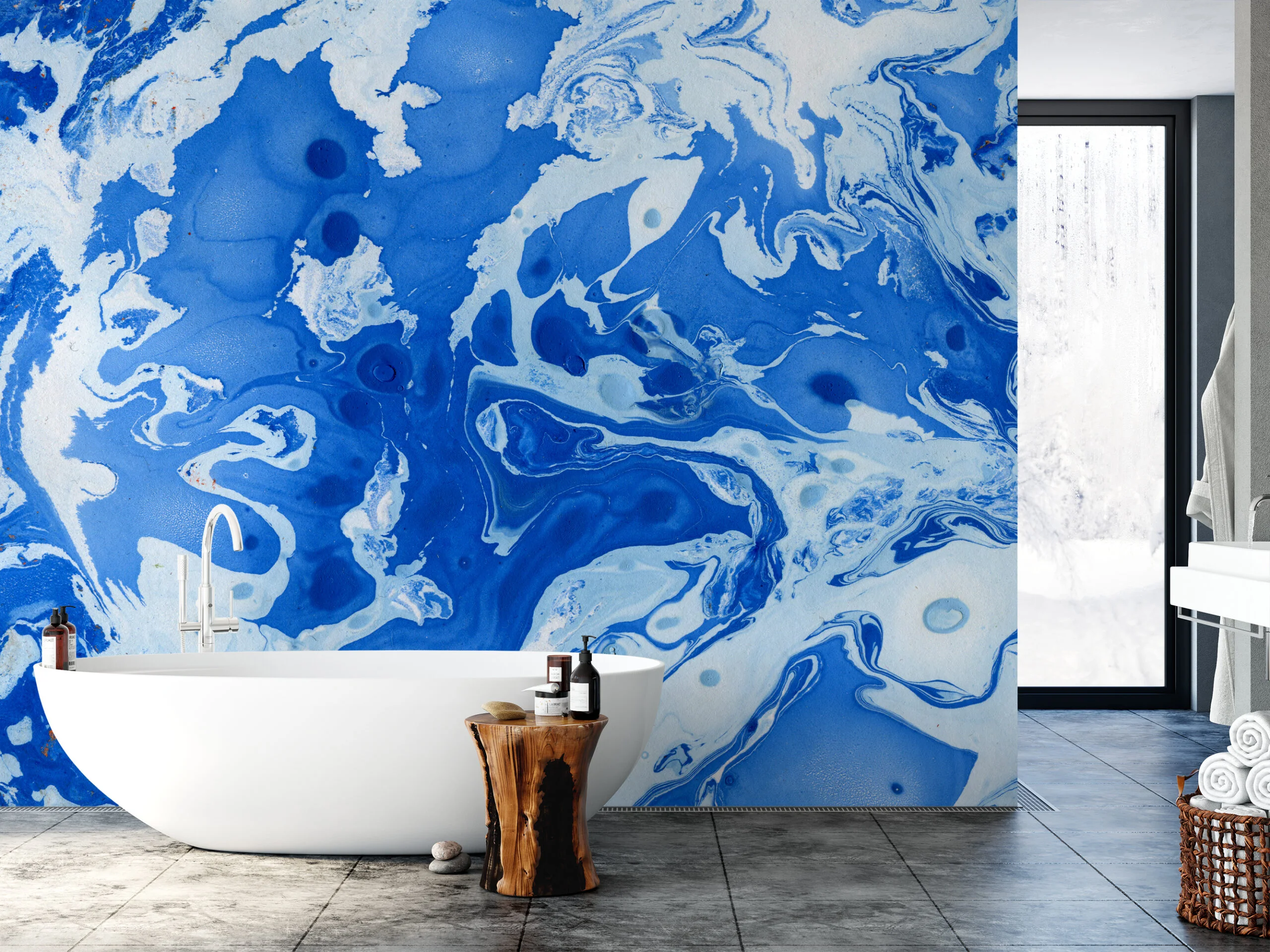 Blue Swirly Ink Art Illustration Wallpaper, Artistic Wave Design Peel & Stick Wall Mural