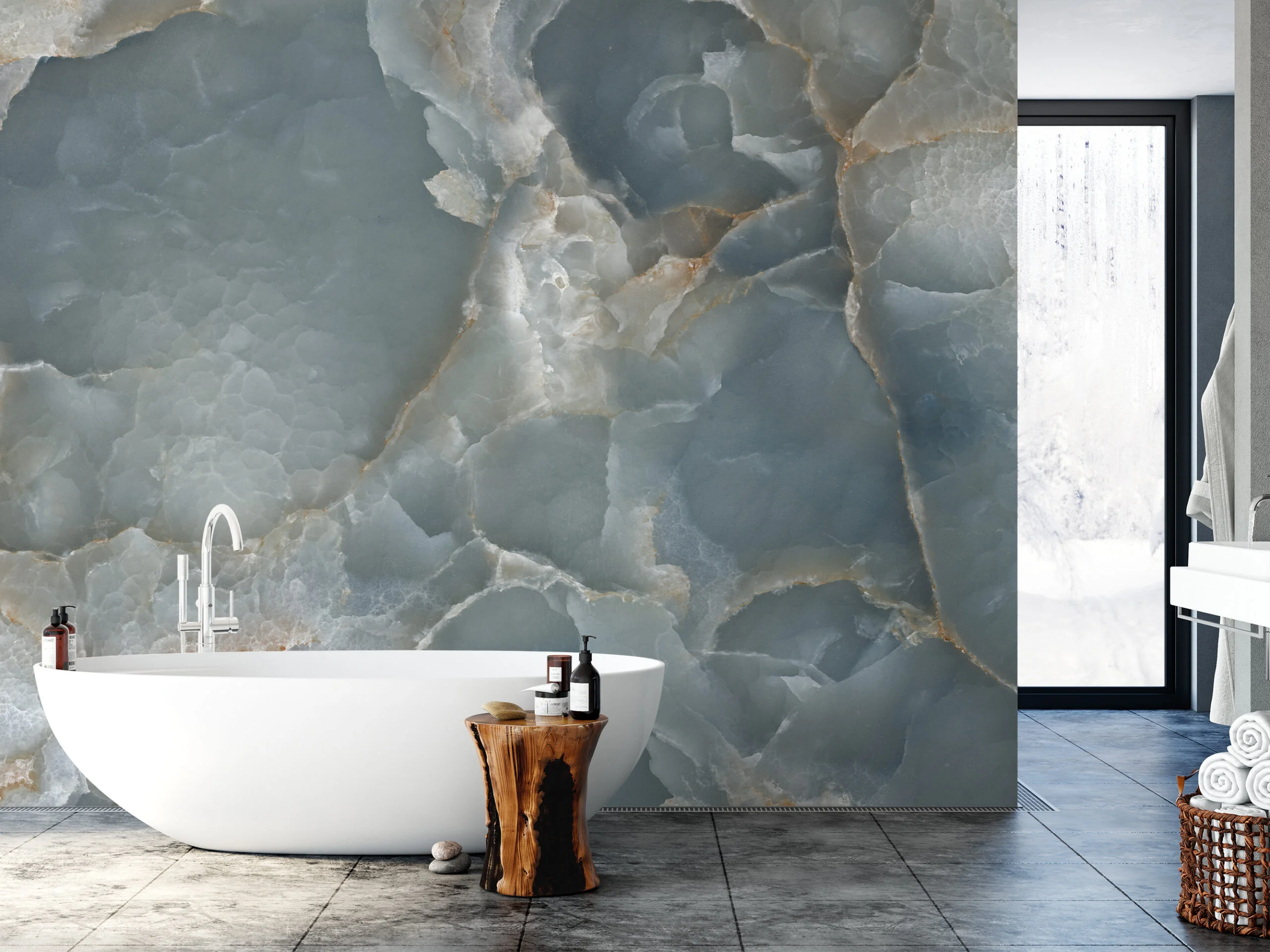 Muted Teal Blue Marble Stone Texture Wallpaper, Cool Tranquil Blue Peel & Stick Wall Mural