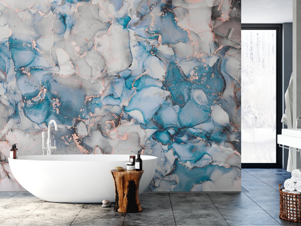 Blue And Grey Copper Alcohol Ink Art Marble Wallpaper, Cool Blue Marble Peel & Stick Wall Mural