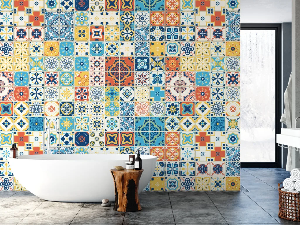 Retro Colored Mozaik Tiles Illustration Wallpaper, Mediterranean Charm Peel & Stick Wall Mural