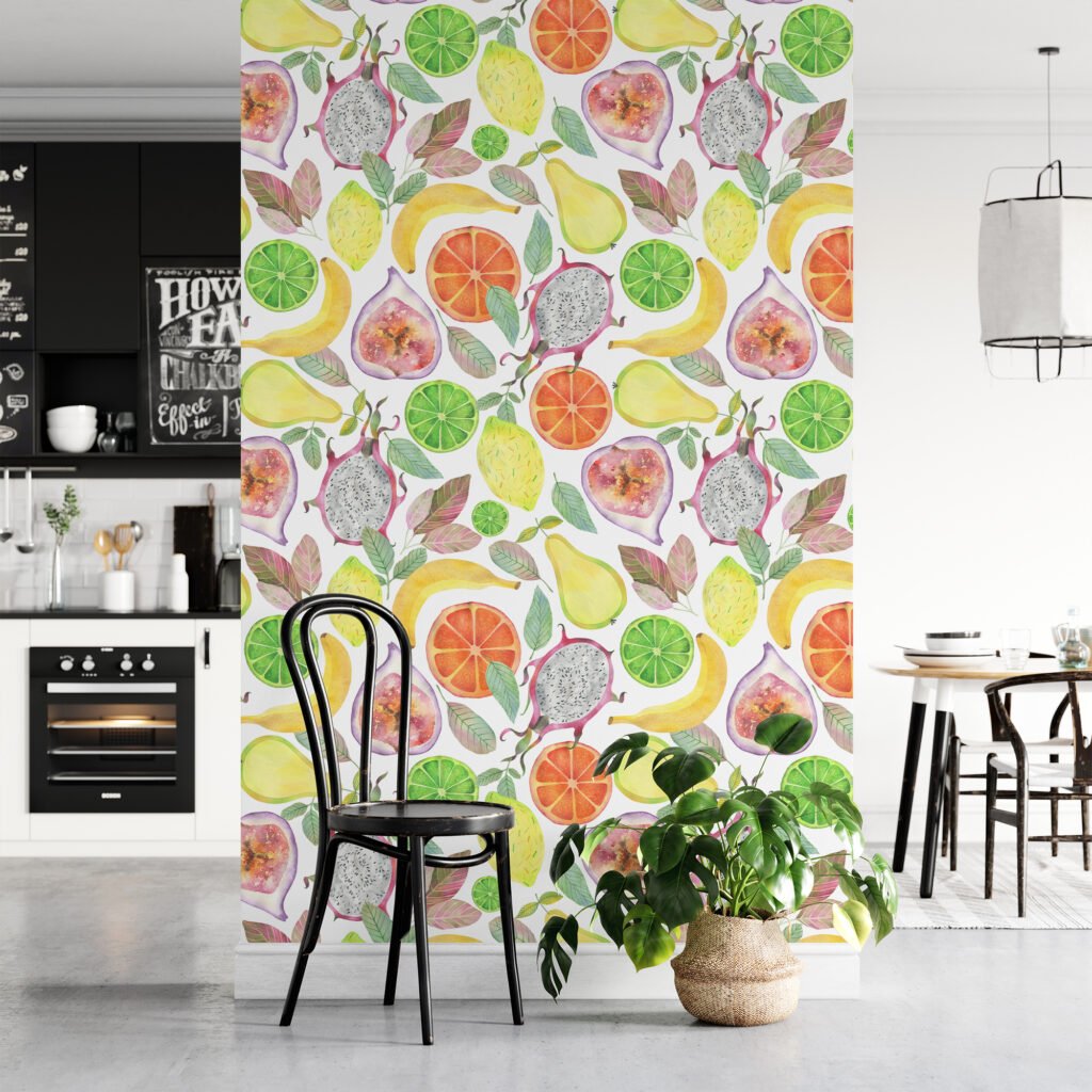 Watercolor Style Exotic Fruits Pattern Illustration Wallpaper, Juicy Delightful Fresh Fruit Peel & Stick Wall Mural