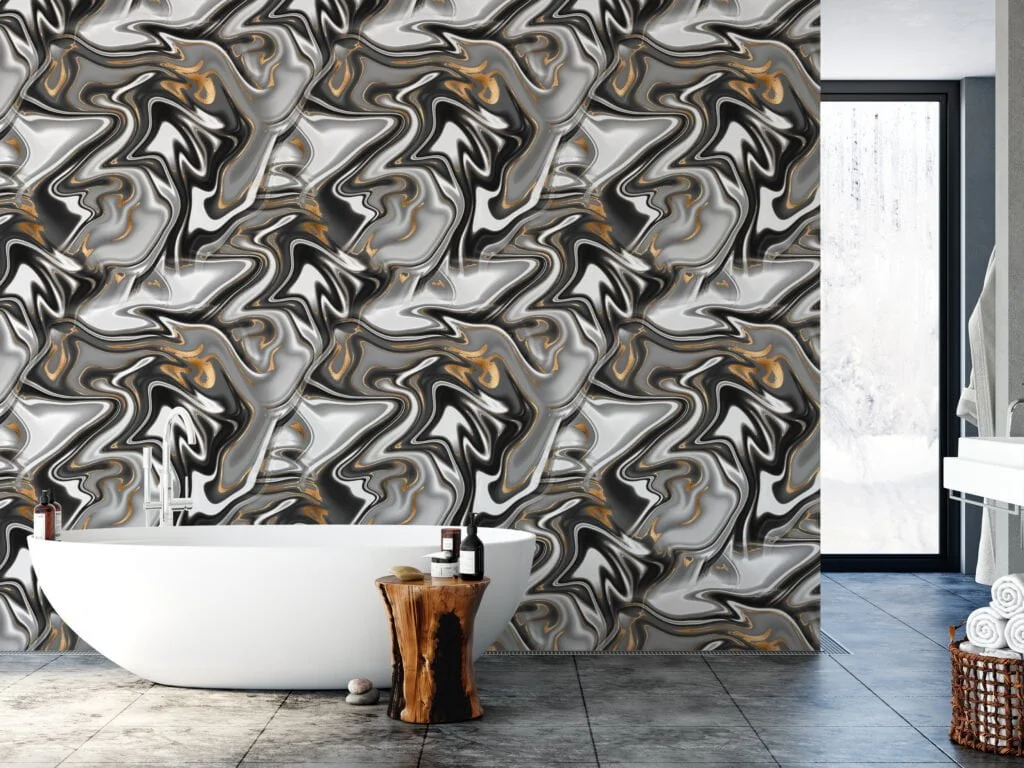 Abstract Black And Grey Swirls Pattern Wallpaper, Gold Sophisticated Luxury Peel & Stick Wall Mural