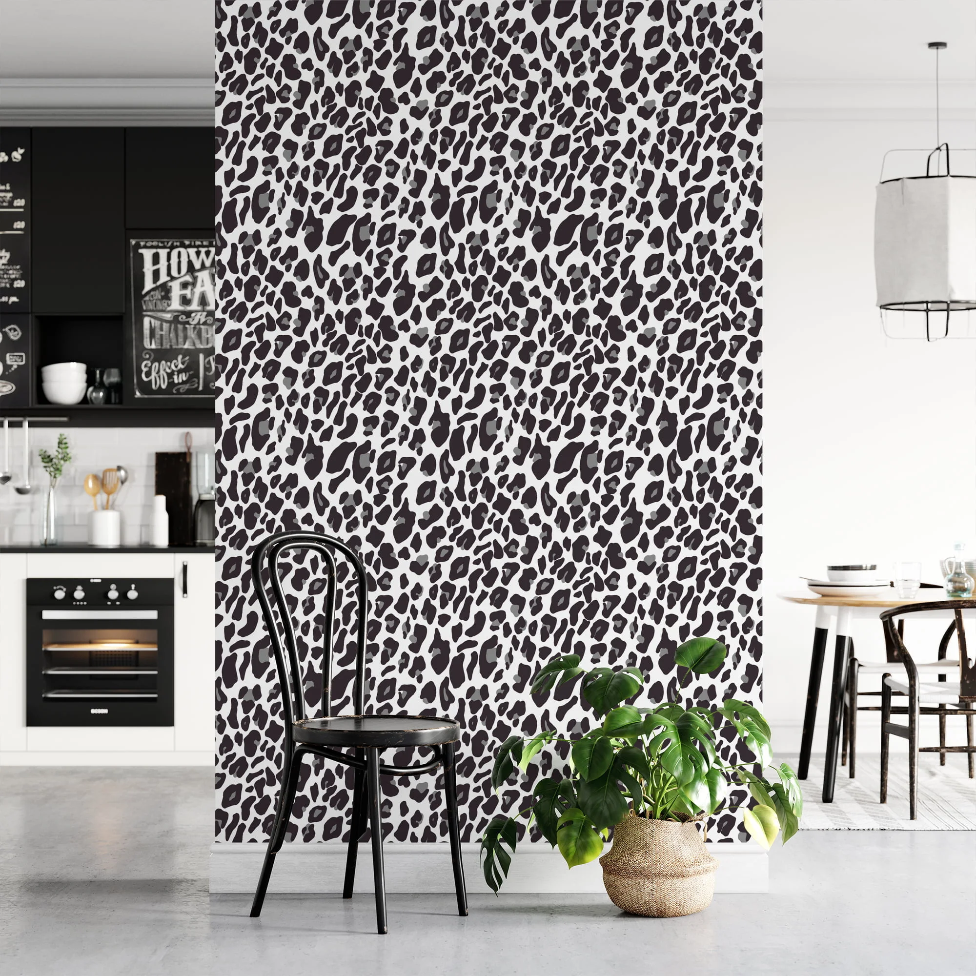 White Grey Leopard Jaguar Skin Pattern Illustration Wallpaper, Sleek Monochrome Leopard Spot Peel & Stick Wall Mural
