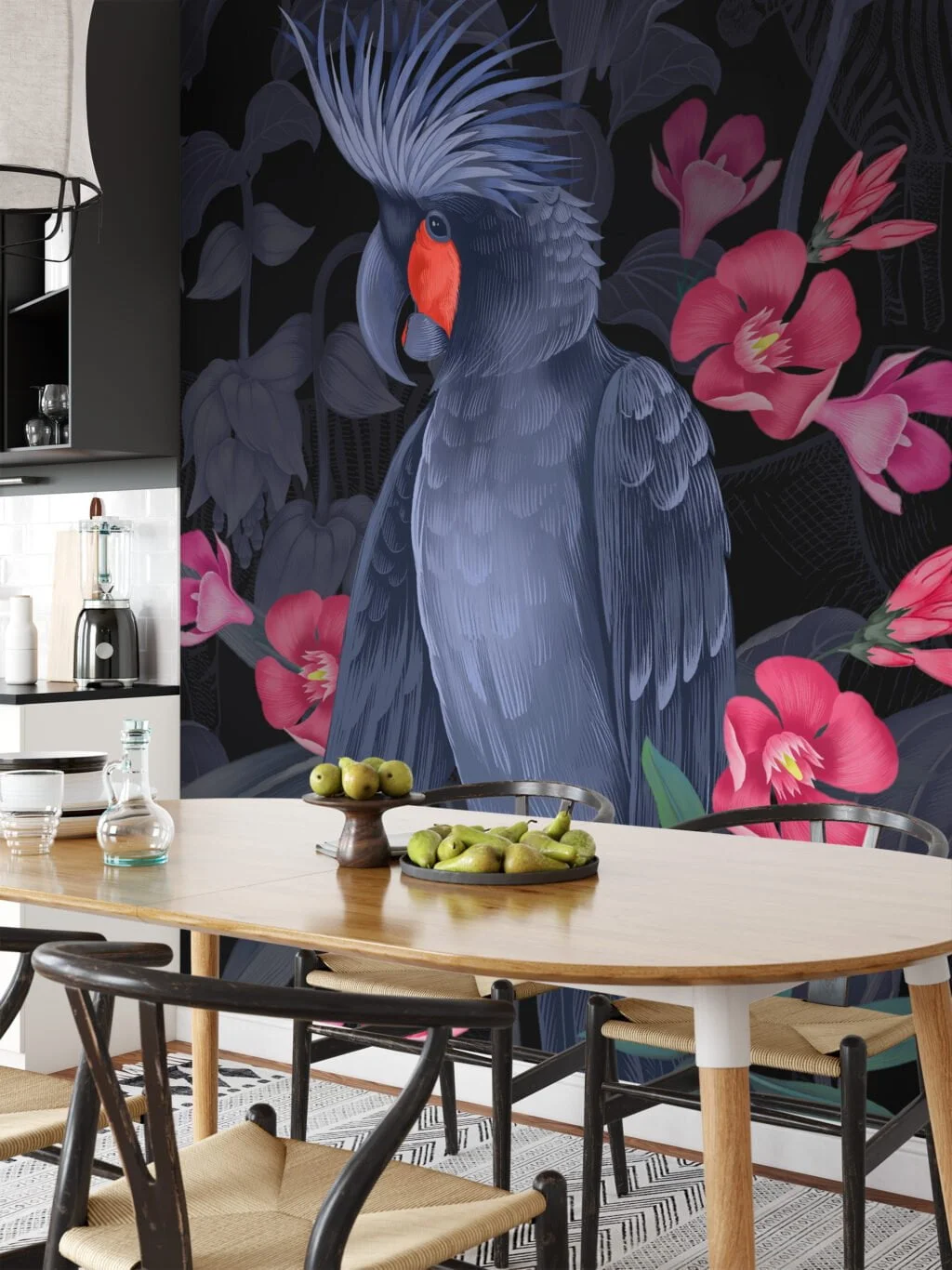 Dark Midnight Blue Large Parrot With Pink Flowers Wallpaper, Elegant Tropical Peel & Stick Wall Mural