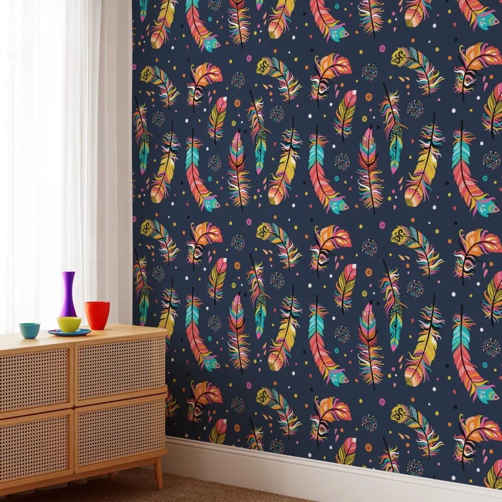 Colorful Flat Art Feathers Pattern Illustration Wallpaper, Whimsical Navy Nature-Inspired Peel & Stick Wall Mural