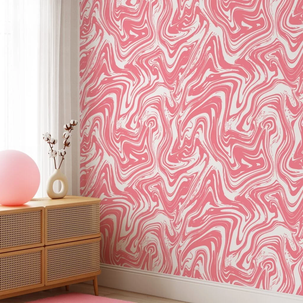 Peach Pink Swirl Design Illustration Wallpaper, Fluid Abstract Peel & Stick Wall Mural