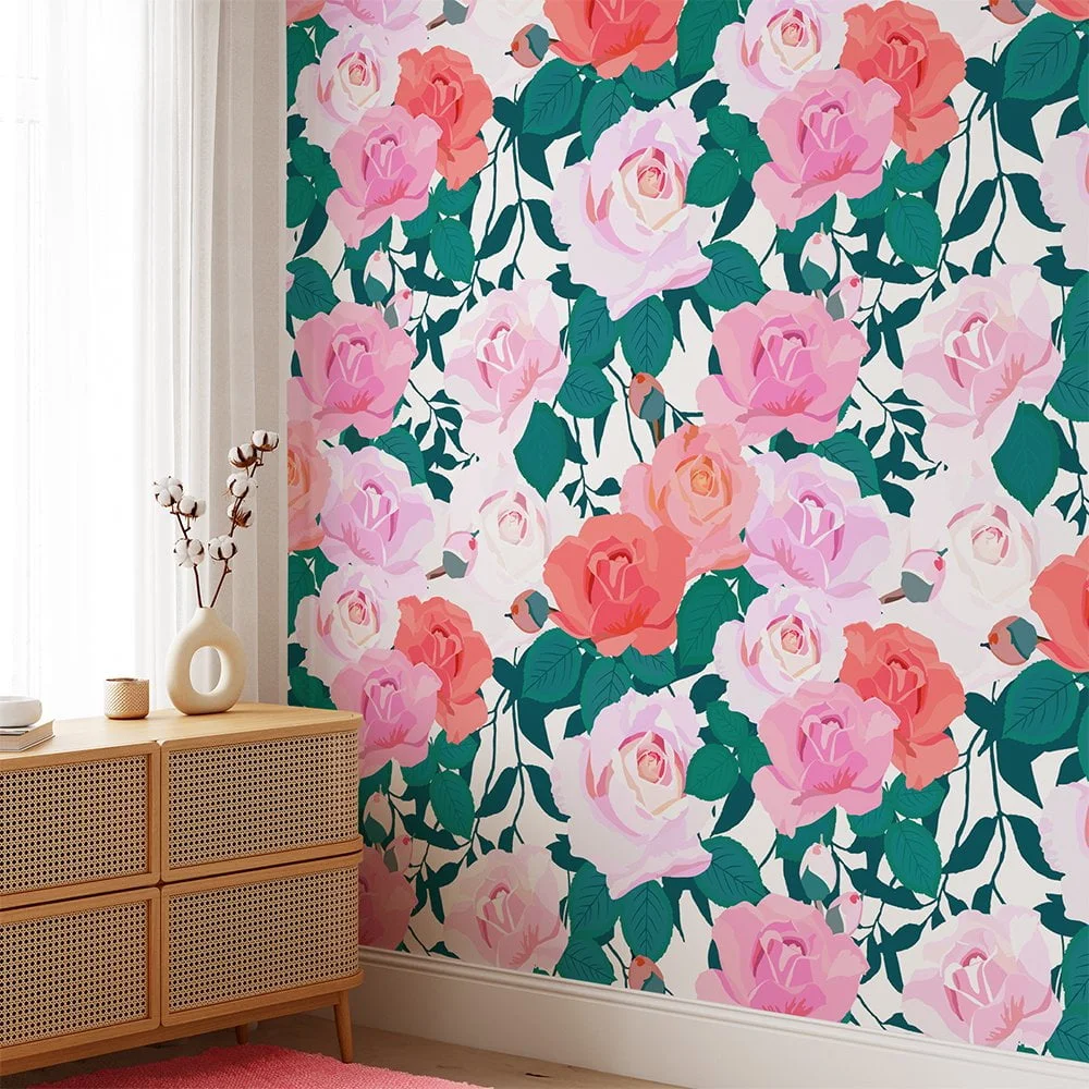 Floral Roses Flat Art Illustration Wallpaper, Romantic Rose Garden Peel & Stick Wall Mural