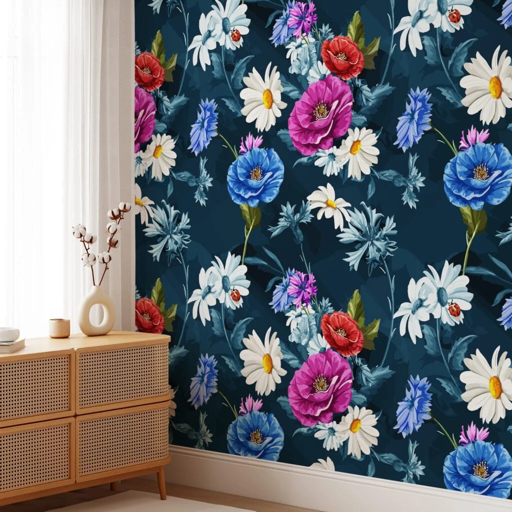 Blooming Flowers Illustration Wallpaper, Midnight Garden Bloom Peel & Stick Wall Mural