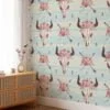Watercolor Bull Skull With Flowers Illustration Wallpaper, Boho Chic Skull & Floral Peel & Stick Wall Mural