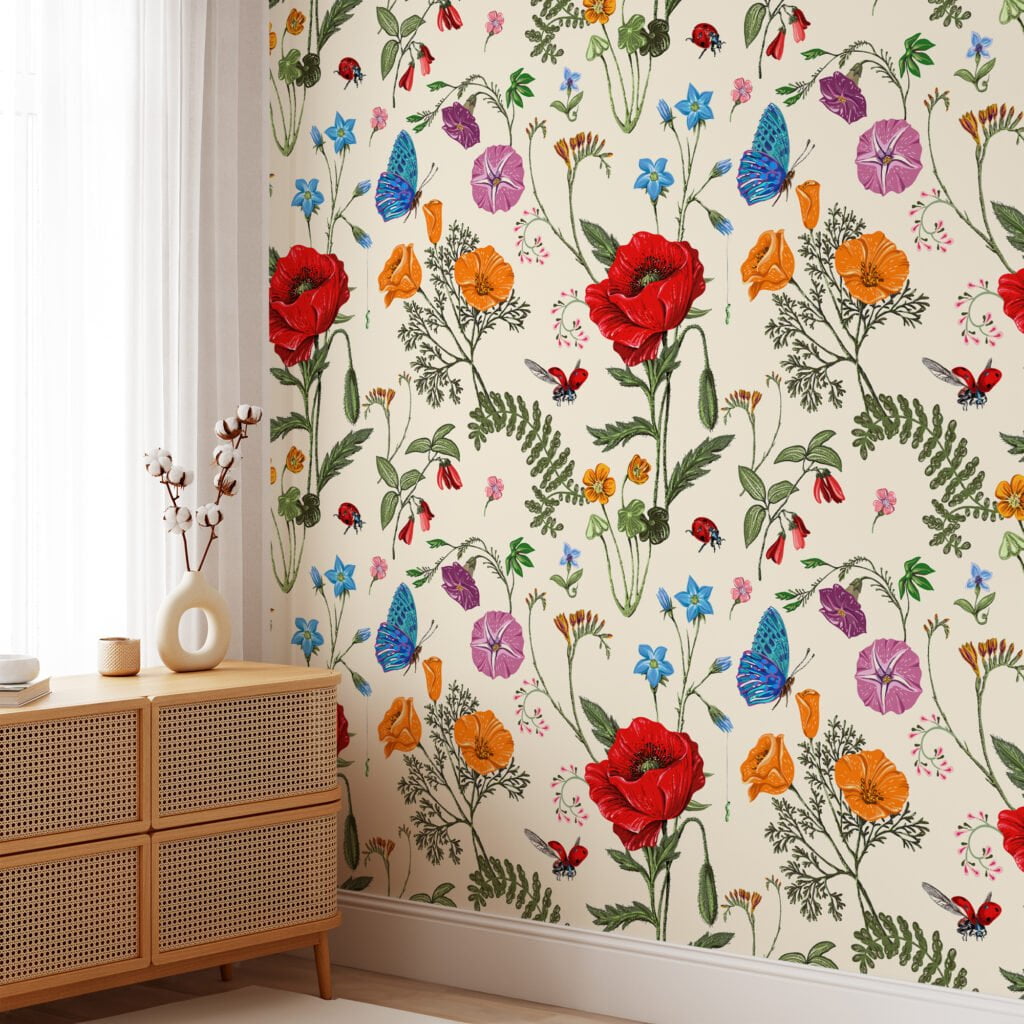 Floral Illustration With Bugs Wallpaper, Vintage Garden Symphony Peel & Stick Wall Mural