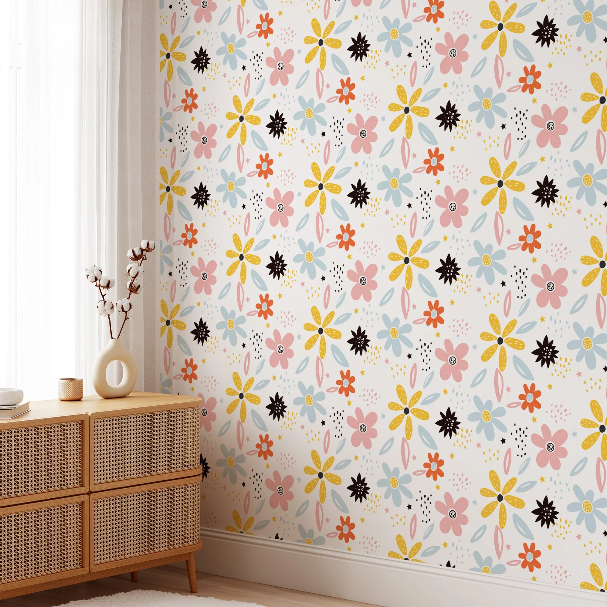 Floral Flat Art Flowers With A White Background Wallpaper, Charming Floral Peel & Stick Wall Mural