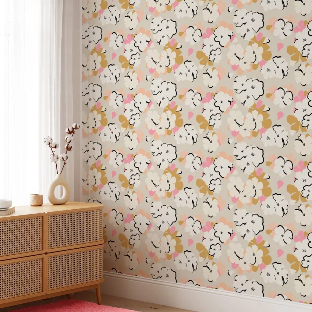 Abstract Floral Design Illustration Wallpaper, Neutral Elegant Peel & Stick Wall Mural