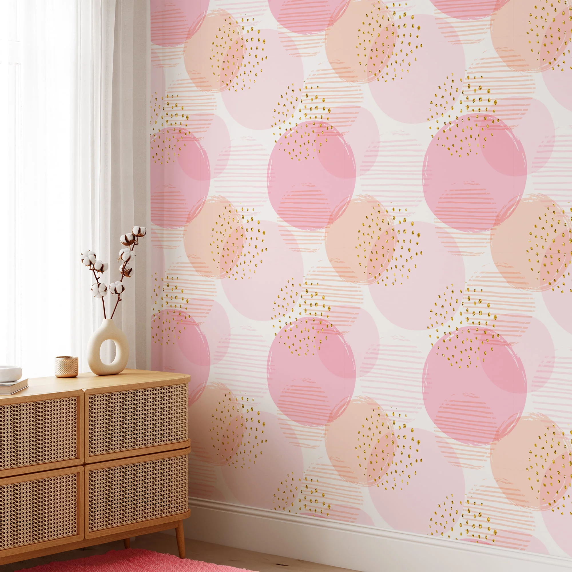 Pink Confetti Circles Illustration Pattern Wallpaper, Soft Pink Spheres & Golden Specks Peel & Stick Wall Mural