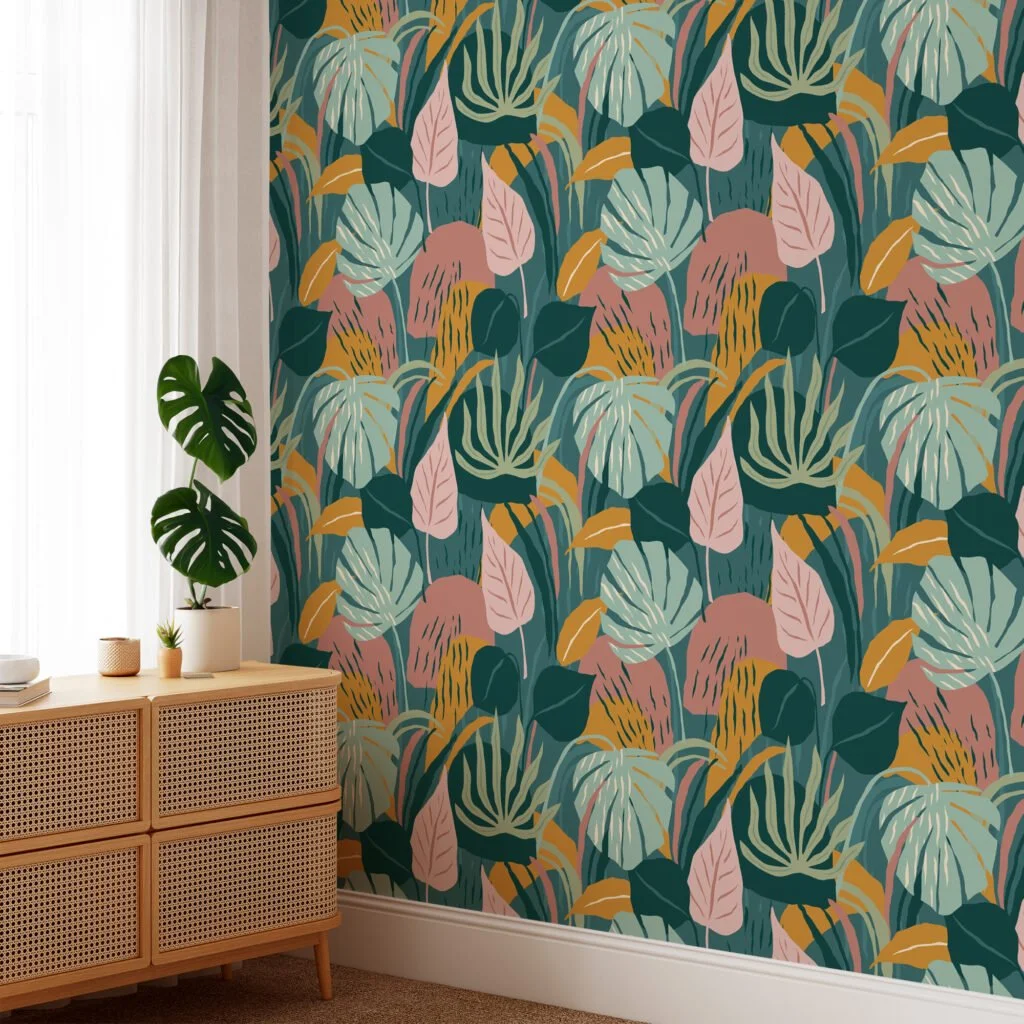 Exotic Large Monstera Leaves And Plants Illustration Wallpaper, Contemporary Tropical Design Peel & Stick Wall Mural